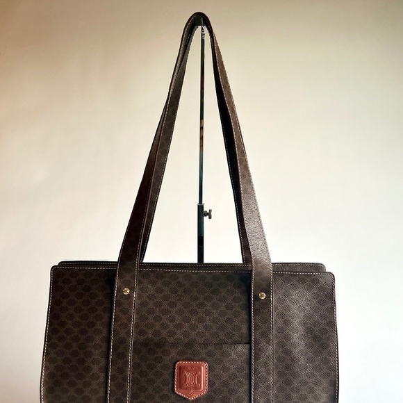 Celine Macadam Brown Tan Genuine Leather Hand Bag Shoulder Bag Business Bag - Picture 2 of 16